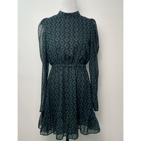 ZARA Long Sleeve Geo Print Mini Dress Green/Black Puff Shoulder Ruffle Hem Sz M - Picture 2 of 9